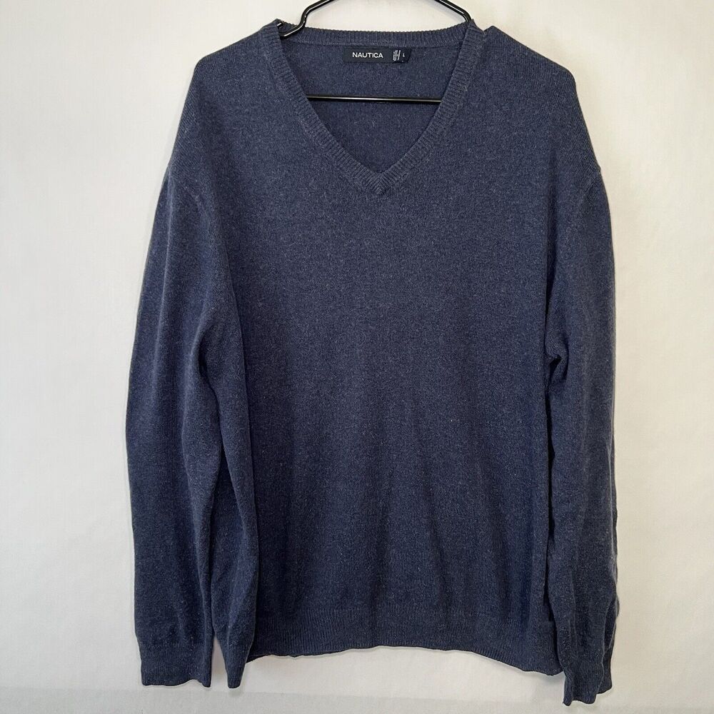 Nautica V Neck Sweater Mens Size Large Navy Blue Cotton Cashmere Blend Long Slv